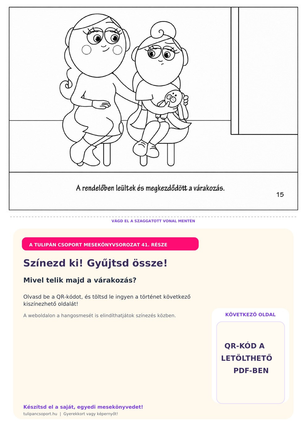 Kata várakozik a gyermekorvosi rendelőben – ingyenes nyomtatható színező óvodásoknak